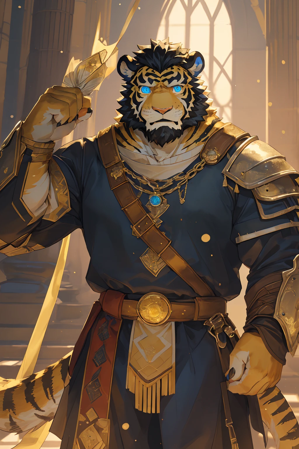 (Scarred body),(Medieval armor:1.5),king,16k high quality detailed art,(Medieval armor:1),(Golden Tiger:1.1), (((White and golden fur:1.5))),(Duotone),(A pair of eyes of different colors, One eye has a golden eye,The other eye has a blue eye:1.7),Both eyes are the same size:1.4),(Muscular body:1.3),Handsome,(OK),(Perfect face),(Exhausted:1.1),(Gold and white skin:1.3),(Full body description:1.3),Publaz, (Golden Tiger:1.1), (((Gold and white fur:1.3))),Handsome, (OK),Express,(Royal Palace Background),(Frightened expressions:1.3),(Golden Tiger tail),不同的Express,(A perfect masterpiece),(32k),(Abdominal muscles:1.3),(((middle aged:1.4))),(36 years old),(Gold Stripes),alone,(Black sideburns:1.2),(black beard:1.3),(Black Chin:1.3),(golden face pattern:1),(Very rich facial details:1.3),(Strong),(Mighty pose:1.3),Front view,(CG),(HD),(Black hair),Clothes are messy,Full body portrait,(Detailed background:1.3)