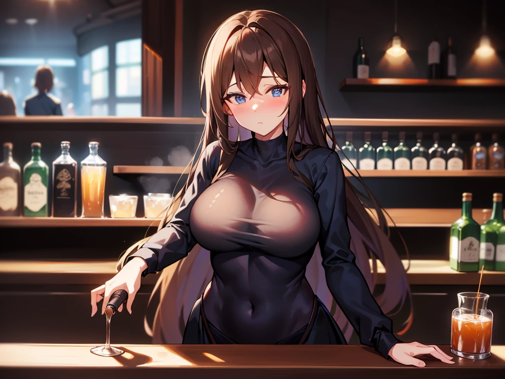 medium shot,2:1,middle aged woman,fit,long hair,brown hair,blue eyes,Dressed in a black suit,standing behind the bar,Bar owner,Beautiful lighting.,Counter handle,detailed