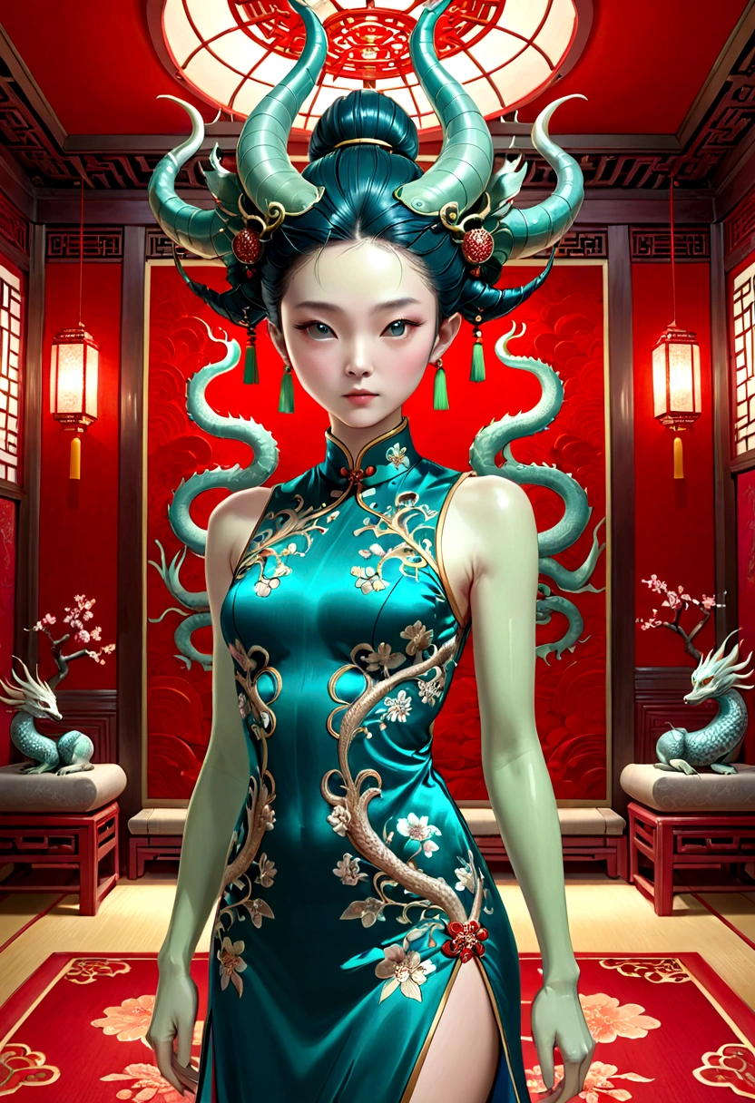 an alien creature,intricate cheongsam dress,asian royal room,green skin,barely humanoid,extremely detailed,photorealistic,ultra-detailed,masterpiece,8k,award winning art,dramatic lighting,ornate decor,ancient artifacts,opulent furnishings,silk embroidery,traditional chinese architecture