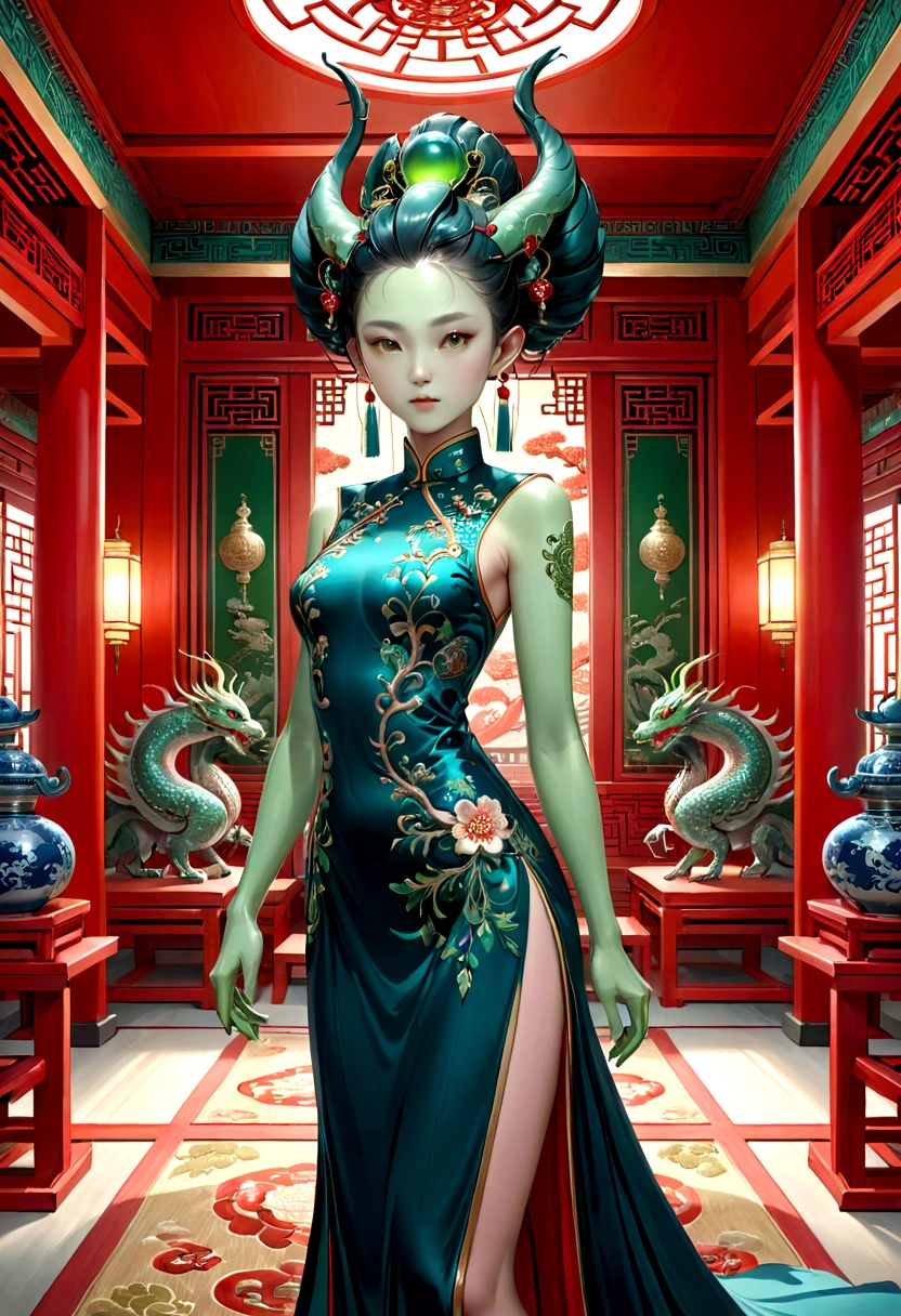 an alien creature,intricate cheongsam dress,asian royal room,green skin,barely humanoid,extremely detailed,photorealistic,ultra-detailed,masterpiece,8k,award winning art,dramatic lighting,ornate decor,ancient artifacts,opulent furnishings,silk embroidery,traditional chinese architecture
