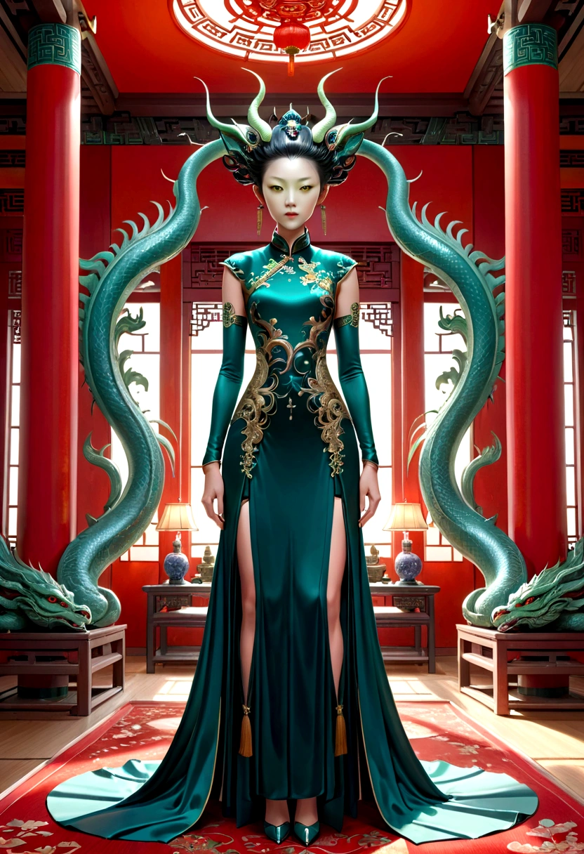 an alien creature,intricate cheongsam dress,asian royal room,green skin,barely humanoid,extremely detailed,photorealistic,ultra-detailed,masterpiece,8k,award winning art,dramatic lighting,ornate decor,ancient artifacts,opulent furnishings,silk embroidery,traditional chinese architecture
