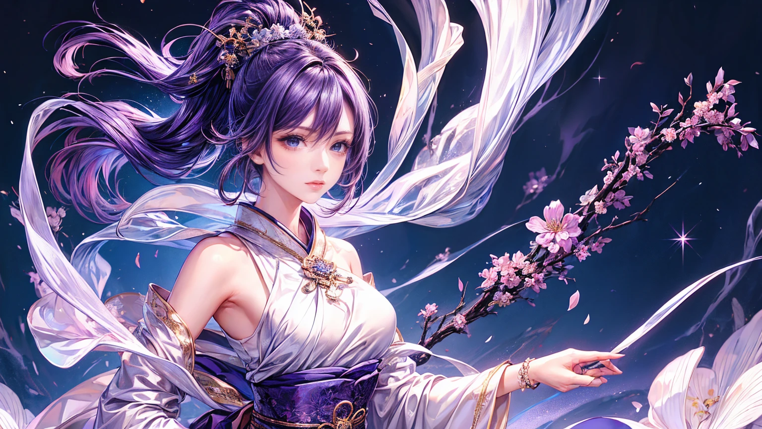 (Highest quality, 8K, CG, Beautiful and exquisite upper body, Midnight purple hair color,Long Ponytail,Swordsman,Long Straight,beautiful girl,Miko costume,In combat,Japanese sword,skirt,Japanese style,Moonlit Night, Gradient Hair, Floral Background, Purple eyes, Long, narrow eyes, Exquisite eye makeup, 長さ eyelashes fluttering, Starry Sky, Delicate lip detail, Soft and harmonious style),Exposed shoulders, bracelet,Suspended particles, Mysterious Mechanics,Dynamic pose
