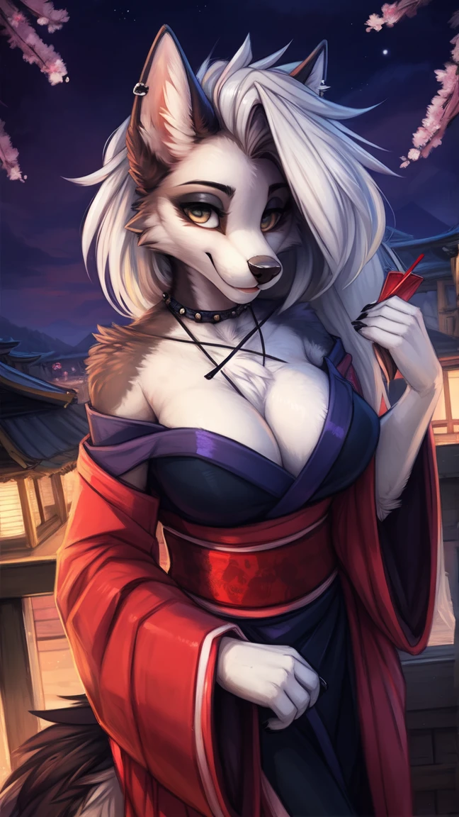 by kenket, Ross Tran, ruan jia, zaush, foxovh, by Zackary911, by hyattlen, by teranen, by fumiko, by Pixelsketcher, by fluff-kevlar, bye r-mk, by Dimwitdog, Furry, Anthro, (oiran), ((prostitute)), (luxurious off-shoulder kimono), (loona), helluva boss, hellhound, kemono, (huge breasts), long (elegant) white hair, hourglass body, revealing outfit, seductive, looking at viewer, traditional japanese, magic fantasy, (mature), milf, tall, curvy, outdoors, cherry blossoms, nighttime, cleavage, tugging on own clothes, (red sclera), light blue iris, geisha hair ornament,