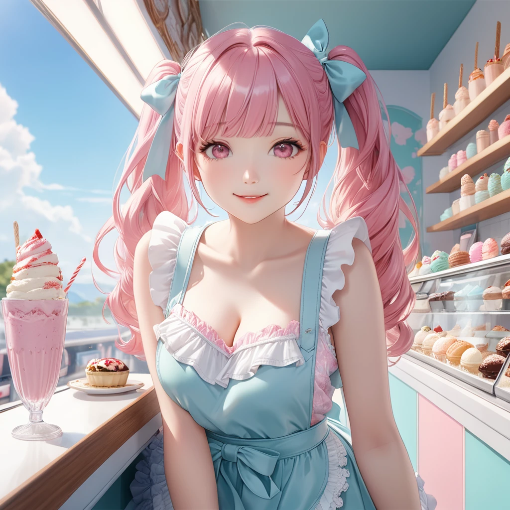 (8K, masutepiece, Best Quality, Official art, beautiful detailed, beautiful lighting, best masterpiece in history that exceeds limits), (1 Girl, 独奏), (16 years old), (beautiful detailed face), (shiny white skin), (Beautiful big bust, cleavage:1.3), (thighs:1.3), (beautiful detailed pastel pink twin tails hair, bangs:1.3), (beautiful detailed drooping pink eyes:1.5), BREAK, (beautiful detailed white and pastel blue 水玉 pattern cute Apron, white frill shirt, white frill skirt, bow ribbon, frill, ruffle:1.2), BREAK, (happy smile), (Attractive, Look at the camera, Have ice cream), (ultra detailed realistic Beautiful white ice cream shop counter, ice creams, Open Cafe, blue sky:1.3),