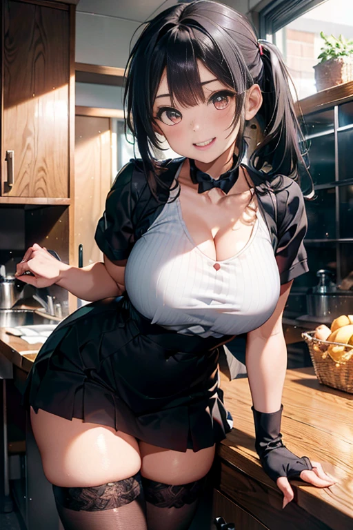 (RAW photo:1.2,(Curve,Model,glamor:1.5),Beautiful breasts,(from below:1.2),(from side:0.9), ((Face)), (Close-Up:0.4), (real、photorealistic:1.4)、(RAW photo:1.2),highest quality,(masterpiece),(((Whole body image))),(a 18yo girl), (Highly detailed face),Slightly round face, (Tan brown face:1.0), Boyish beauties, beautiful face, Beautiful lips,Baby Face,(Big eyes),((black,hair,long pony tail hair)),cute,lovely,(strong silver hair:1.2),(blunt bangs),(Brown skin:1.0),nice companion,delicate body、thin legs,beautiful black dress,black gloves, black thighhighs, white panties,(double breasted,under bust:1.2)in the kitchen,Sexy thighs,During a break,sit on the ground,The way the light shines is beautiful, Beautiful buttocks,(with sparkling eyes and a contagious smile),little open mouth,black suspenders,Bulging big,breasts,narrow waist,(with sparkling eyes and a contagious smile),her thin pubic hair, looking at viewer,