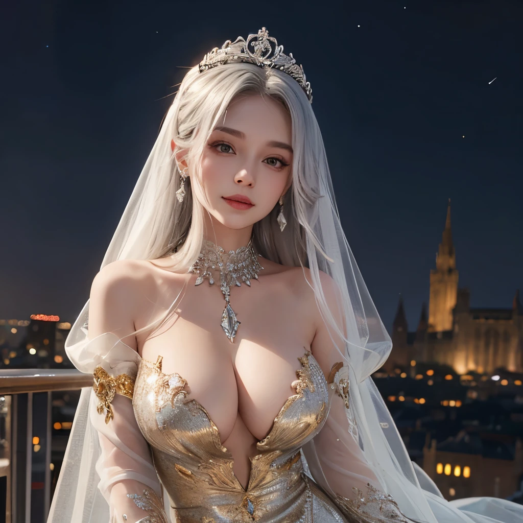 Girl, transparent, see through, silver and gold dress, topless, silver hair, tiara, glove, chokes, silver long sleeves, silver veils, ear wear, detailed hand, oval face, smile, picture form top to knee, sexy pose, extra large breasts, look at camera, camera from top, detailed, night, castle background, photorealistic, best quality