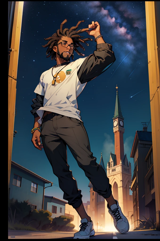 age African American male, "low beard", "glasses", "circle frame" : :3, "dread locs", "black hair", "short hair" : :2, flying in sky, "night sky. full body, figure. "overview" 35mm. cinematic.