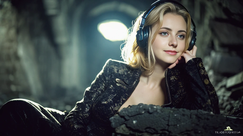 Beautiful blonde with big breasts in a ripped suit (Sitting in the dark ruins),Wearing headphones,Very detailed, 21 years old, Innocent face, Naturally Wavy Hair, blue eyes, High resolution, masterpiece, Highest quality, Intricate details, Very detailed, Clear focus, Delicate skin, practical skin texture, texture, Delicate eyes, Professional, 4K, Cute Smile, Shot with Canon, 85mm, Shallow and deep,  Kodak Vision Color, Exactly, Very detailed, photograph_\(Extremist\), photographpractical, practical, Post-processing, Maximum details, Roughness, Real Life, Extremist practical, Photorealism, photographgraphy, 8K Ultra HD, photographgraphy