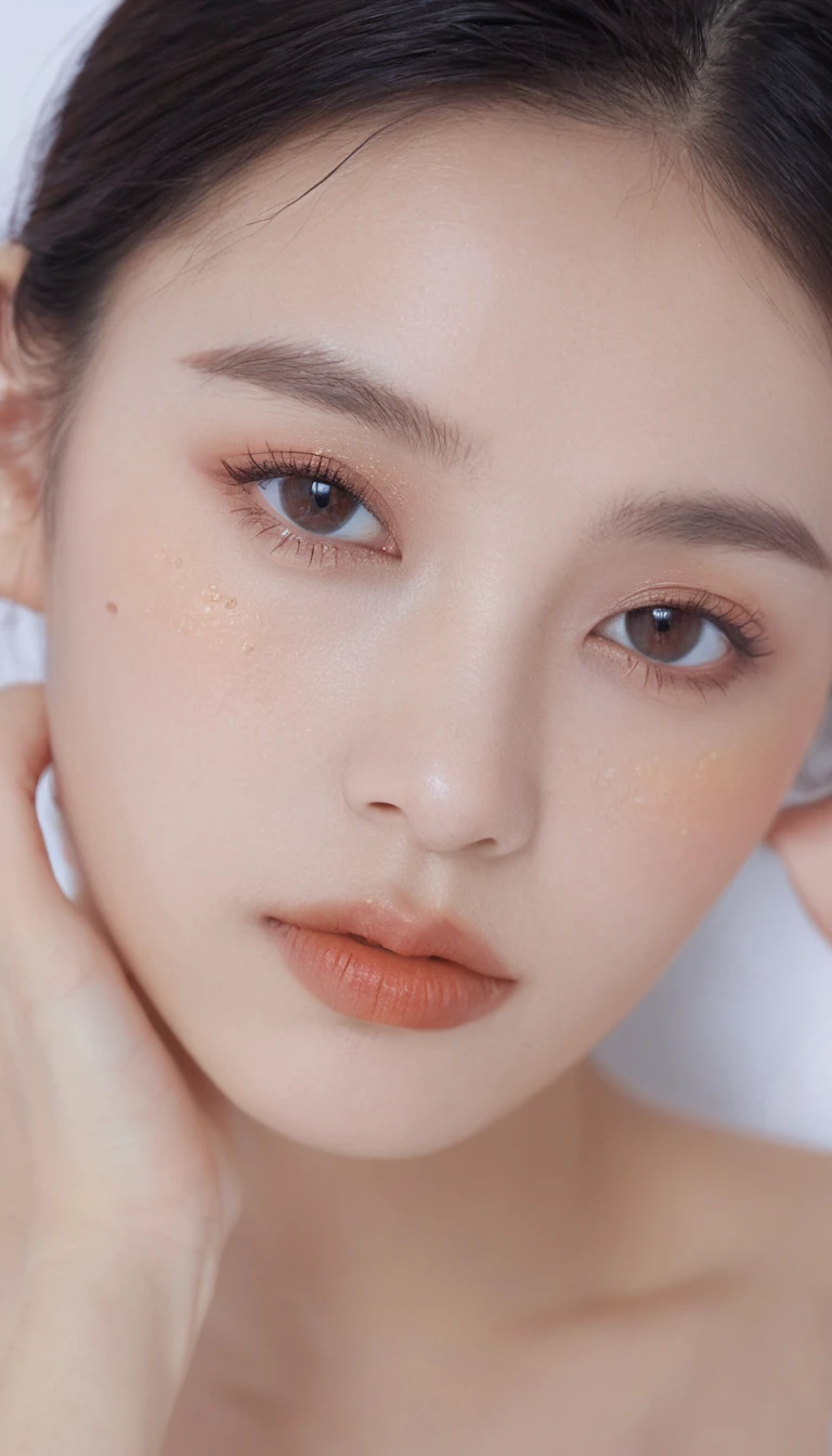 xxmixgirl, Analog Style, Eye focus, Highest quality, (Very detailed skin), Exquisitely beautiful white skin photos, 22 years old, Shortcuts、Perfect Face, Captivating eyes, (Seductive makeup: 1.3), Skin pores, (Bokeh:1.5), Sharp focus, Dappled Lighting, (Backlight), Film Grain, (Very detailed, Exquisitely crafted), 8K, High resolution, Front view, Studio Light, Very detailed顔, Fine grain, (double eyelid: 1.4), Aristogle, Brown eyes, (commercial: 1.6), (Seductive makeup), ((White studio background: 2))