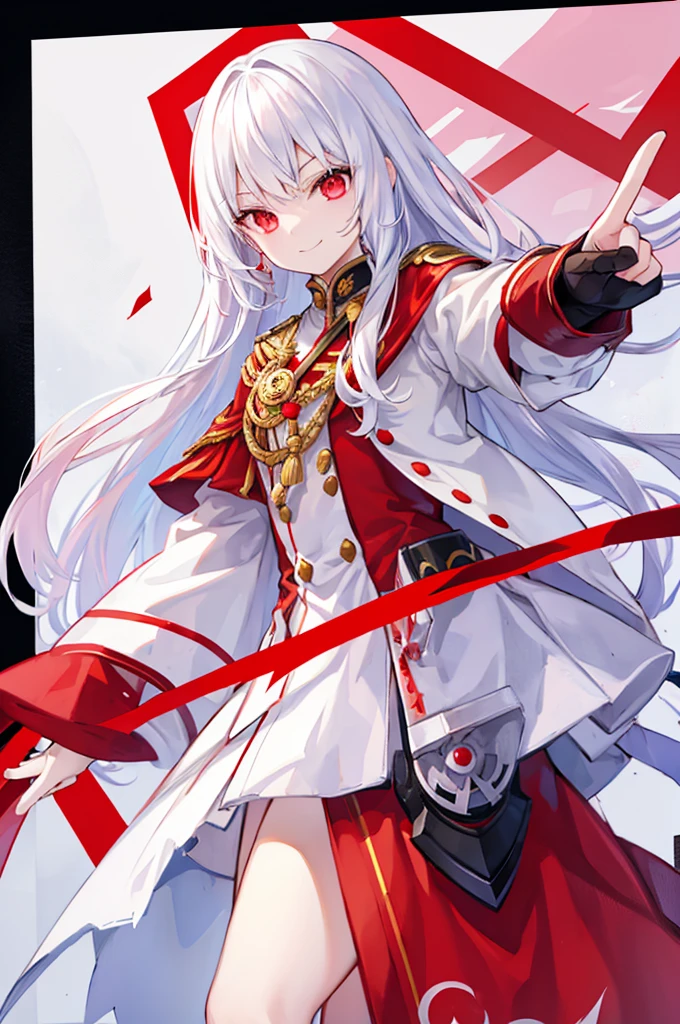 White Hair、Long Hair、Red eyes、Cool uniforms、Pointing index finger at mouth、Smiling a little、diagonal