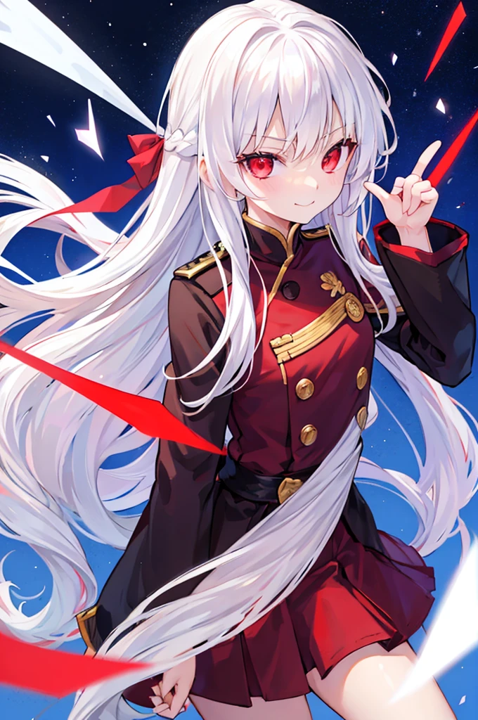 White Hair、Long Hair、Red eyes、Cool uniforms、Pointing index finger at mouth、Smiling a little、diagonal