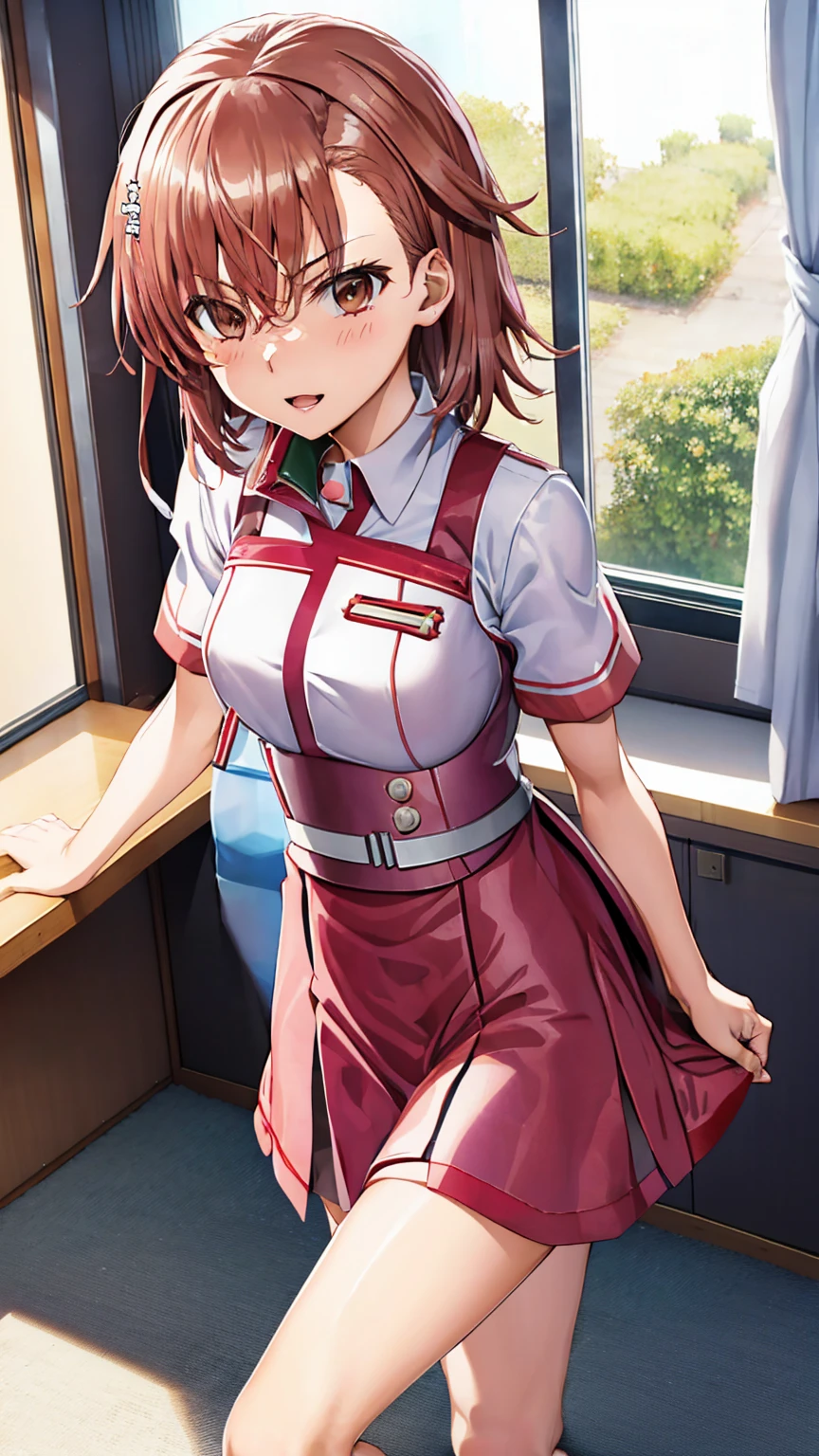 Misaka Mikoto's Anime View, One girl, Teenage Girl, cute, Big Breasts, tokiwadai ,Nude+++, smile, Open your mouth, Leaning forward, indoor On the bed (cool male student:1.2)、(Intense sex with two guys:1.5)