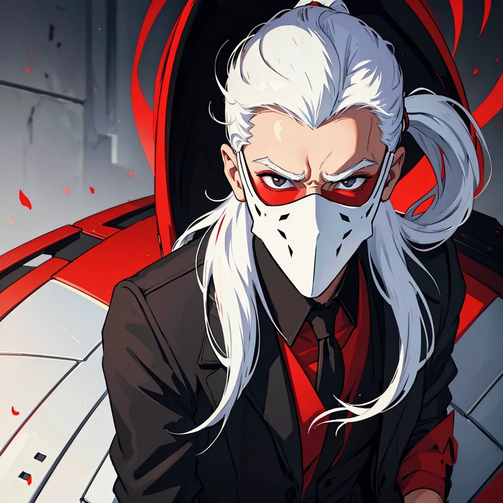 1 young man with white hair with long ponytail wearing a black suit with red interior using a mask covering all the face An art for an RPG