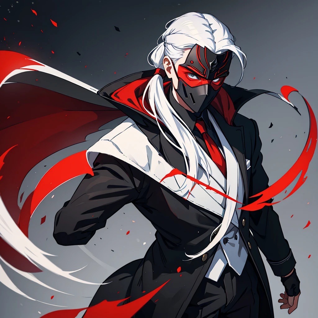ung man with white hair with long ponytail wearing a black suit with red interior using a mask covering all the face An art for an RPG