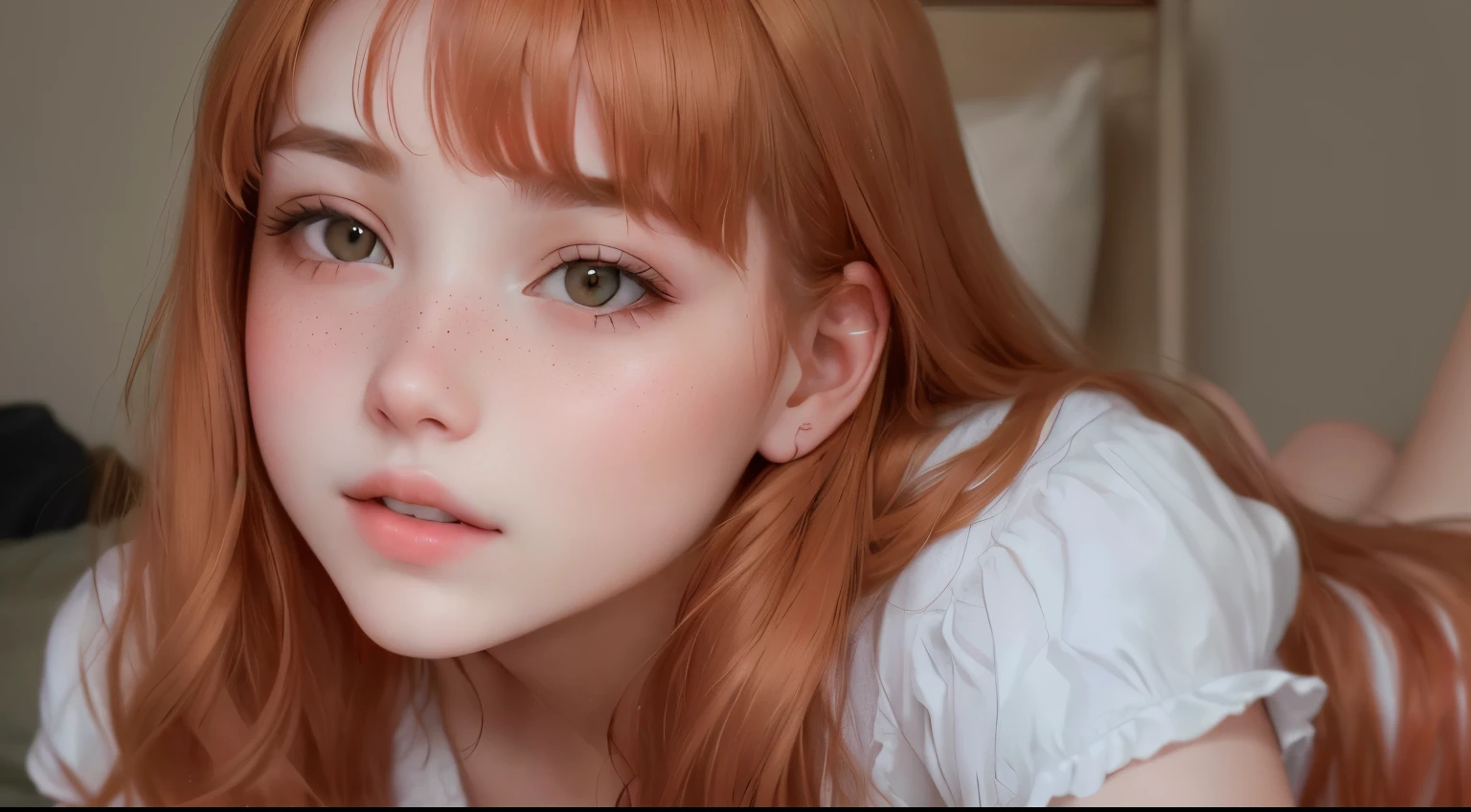 there is a young girl with sardas laying on a bed, light cute sardas, soft sardas, cute sardas, light sardas, rosy cheeks with sardas, with sardas, very light sardas, small sardas, white sardas, ginger hair with sardas, sardas, red hair and sardas, hint of sardas, sardento, sardento face, adolescente hiperrealista, sardento pale skin