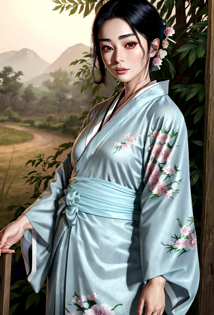 ((Top Quality, 8K, Masterpiece: 1.3)), Sharp Focus: 1.2, (Super Beautiful Face: 1.0), (Glossy Skin: 1.0), Realistic Photos, Black Hair, Realistic Pupils, Movie Lighting, Highly Detailed Eyes and Face, Movie Lighting,  (Cowboy Shot: 1.0),  (kimono, hakama, obi: 1.15),　(Korean Cute Actress), in nature, classic kimono,