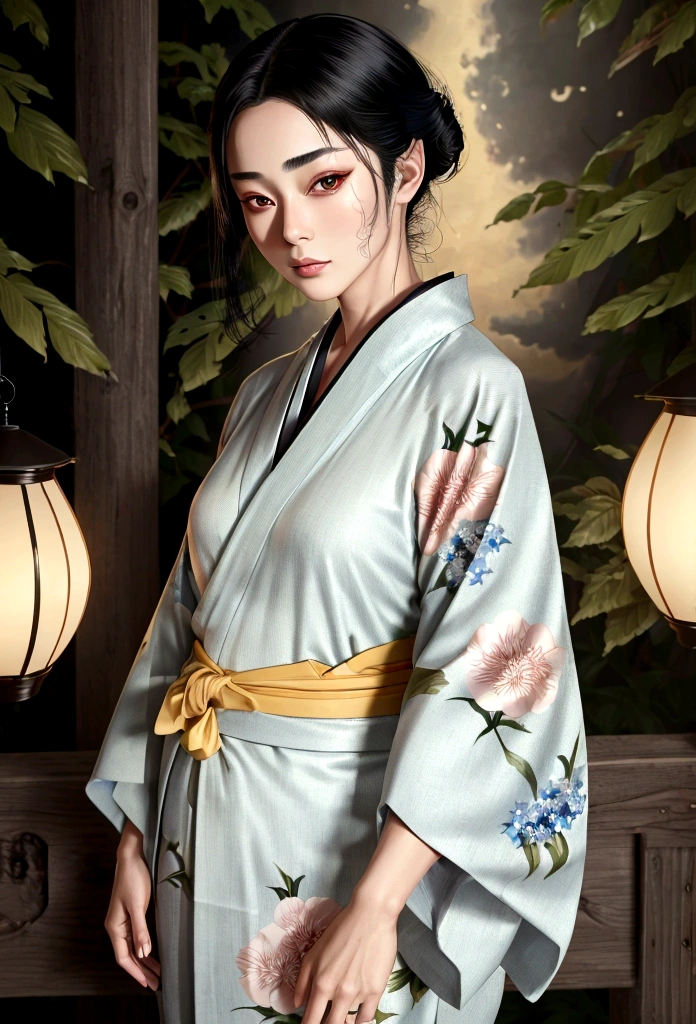 ((Top Quality, 8K, Masterpiece: 1.3)), Sharp Focus: 1.2, (Super Beautiful Face: 1.0), (Glossy Skin: 1.0), Realistic Photos, Black Hair, Realistic Pupils, Movie Lighting, Highly Detailed Eyes and Face, Movie Lighting,  (Cowboy Shot: 1.0),  (kimono, hakama, obi: 1.15),　(Korean Cute Actress), in nature, classic kimono,