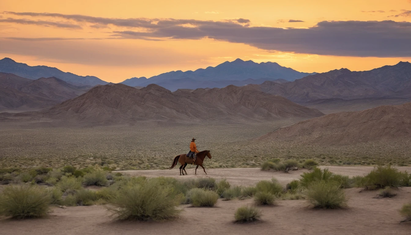 Show a solitary rider on horseback, walking on a desert hill at sunset.
- The rider should be dressed in simple, traditional clothes, and mounted on a sturdy horse.
- The hill should have a sandy and rugged texture, typical of a desert.
- The sky should be partly cloudy, with scattered clouds reflecting the colors of the sunset.
- The sunset light should be soft, creating a golden effect that dramatically illuminates the scene.
- Include a warm color palette with shades of orange, yellow, and brown, mixed with the soft blue of the sky.
- The composition should emphasize the vastness of the desert, with the rider appearing small in comparison to the landscape.
- Capture an atmosphere of tranquility and solitude, with a sense of gentle movement, as if the horse is walking slowly.
- The image should have a cinematic style, with attention to detail in lighting and shadows to create a realistic effect.
- Do not include green or lush vegetation.
- Avoid adding any modern human structures like buildings or roads.
- Do not use cool colors like blue predominantly in the image.
- Do not include more characters or figures, keep the focus on the solitary rider.
- Avoid a fully cloudy or rainy sky.
- Do not add additional creatures or animals in the scene.
- Do not use a cartoonish or simplified style, maintain realism and detail.pantones  #CEDBE1#D3B9AO#73503C#A6826D#261B17.
