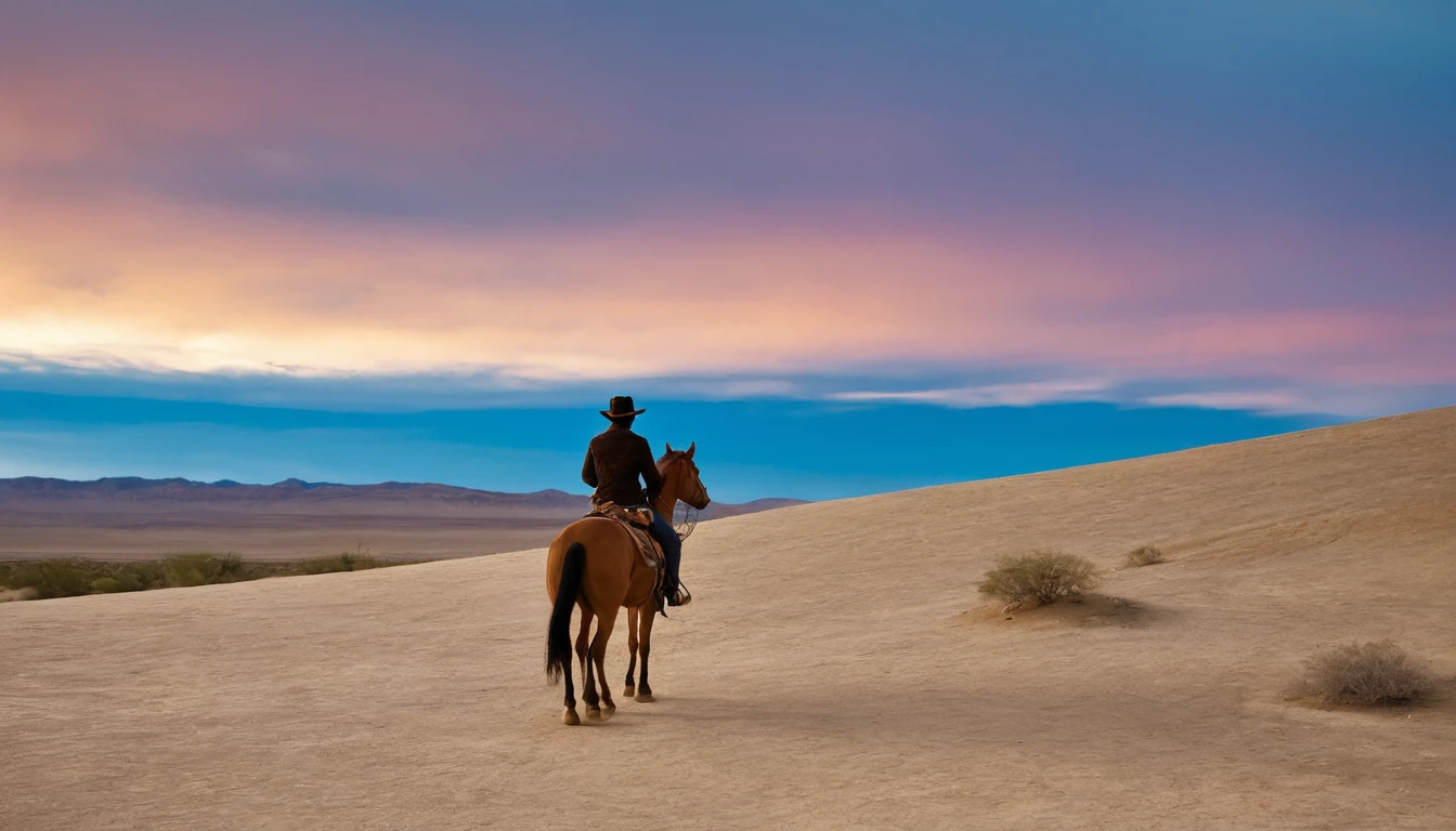 Show a solitary rider on horseback, walking on a desert hill at sunset.
- The rider should be dressed in simple, traditional clothes, and mounted on a sturdy horse.
- The hill should have a sandy and rugged texture, typical of a desert.
- The sky should be partly cloudy, with scattered clouds reflecting the colors of the sunset.
- The sunset light should be soft, creating a golden effect that dramatically illuminates the scene.
- Include a warm color palette with shades of orange, yellow, and brown, mixed with the soft blue of the sky.
- The composition should emphasize the vastness of the desert, with the rider appearing small in comparison to the landscape.
- Capture an atmosphere of tranquility and solitude, with a sense of gentle movement, as if the horse is walking slowly.
- The image should have a cinematic style, with attention to detail in lighting and shadows to create a realistic effect.
- Do not include green or lush vegetation.
- Avoid adding any modern human structures like buildings or roads.
- Do not use cool colors like blue predominantly in the image.
- Do not include more characters or figures, keep the focus on the solitary rider.
- Avoid a fully cloudy or rainy sky.
- Do not add additional creatures or animals in the scene.
- Do not use a cartoonish or simplified style, maintain realism and detail.pantones #CEDBE1#D3B9AO#73503C#A6826D#261B17.