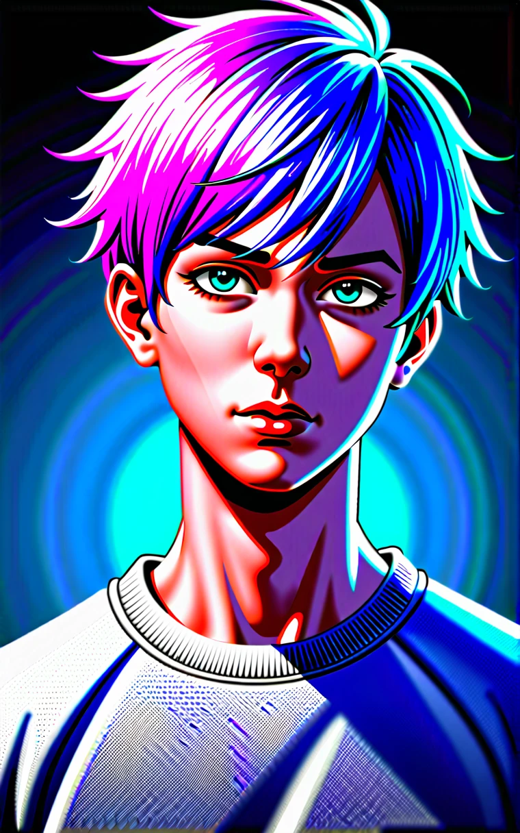 \\ Created with Chaos Experience&#39;s ONE FOR ALL model @ https://State.and/user/Chaos Experience/ \\
Illustrator, anime , Realistic ,sketch , One boy, ,lip, sweater,order, Blue gradient background, Neon Hair,textured crop, Canadian, (masterpiece,Highest quality)