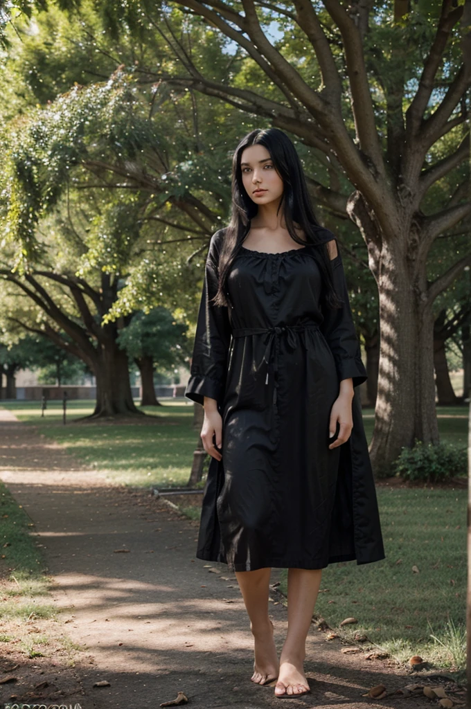 Photograpy,UHD,Realistic, beautiful woman. 20 years old, fair skin ,Long Black Hair scale 1:1 wearing a plain black nightgown standing under a big tree