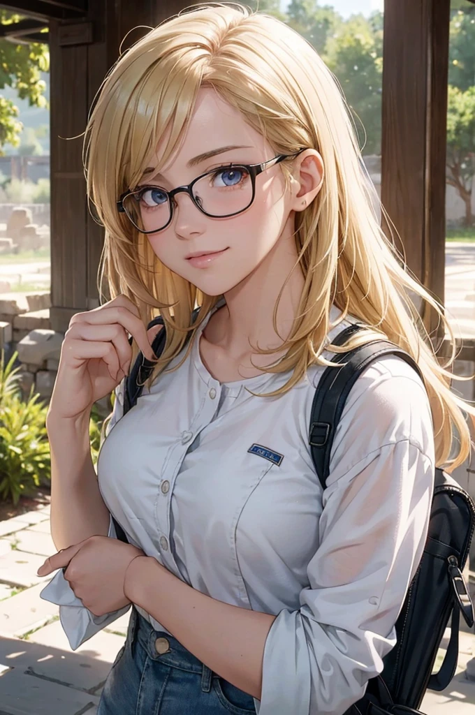 最high quality, high quality, High resolution, high quality texture, high quality shadows, High resolution, Beautiful details, Detailed CG, Detailed Texture, Realistic representation of face, Realistic, colorful, delicate, Cinematic Light, Side light, Lens flare, Ray Tracing, sharp concentrated, (1 Girl,concentrated:1.3), ( Intricate details, compensate, PureErosFaceV1:0.5), (細部まで美しいdelicateな顔, 緻密で美しいdelicateな瞳, Perfect Facial Proportions, Dense skin, Optimal ratio of four fingers to one thumb, Modest chest, Beautiful Hips, Smooth upper abdomen, blue eyes , glasses ,White shirt, Denim pants ,trekking shoes, , Backpack, ,buzzer, blue sky,adventure journey ,the gaze of true love, lips of temptation, A look full of compassion ,a smile full of love, Acting lovey-dovey, waist up, 35 years old, hiking,house wife,show off nipples under white shirt, air fortress hair, blonde hair,jordan,Petra Ruins