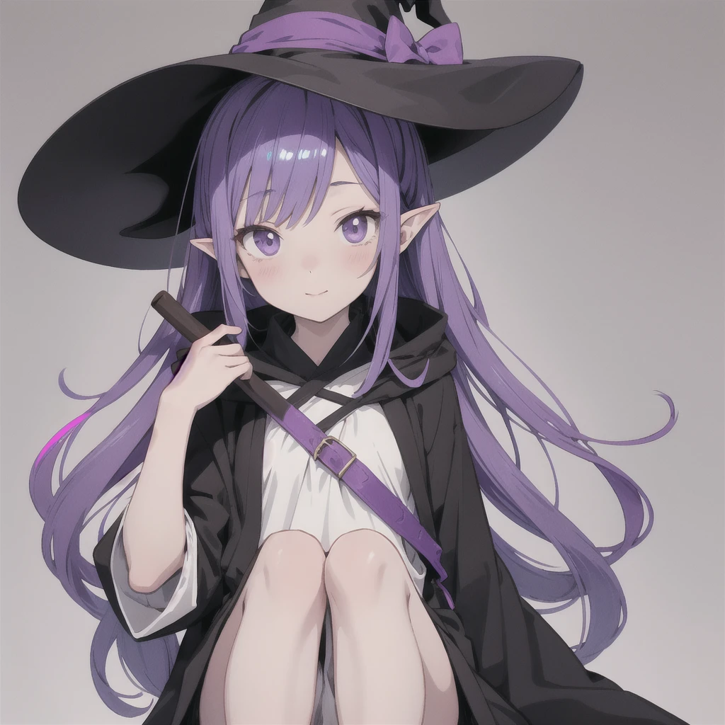 anime girl long purple hair wearing a black Robe. she has pointy ears. Witch Hat. Manga kawaii. iridescent ,An illustration, 0ne person