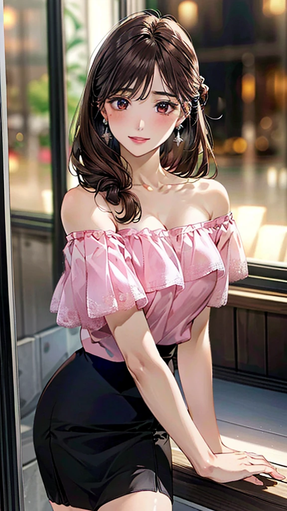 (masterpiece:1.3, Highest quality, Ultra-high resolution：1.2, Super detailed、8K), (Realistic, photoRealistic:1.4), Beautiful illustrations, Perfect lighting, colorful, Depth of written boundary, Beautiful detailed hair, Beautifully detailed face, Beautiful fine details, Droopy eyes、Beautiful clavicle, Beautiful body, 美しいLarge Breasts, Beautiful thighs, Beautiful feet, Beautiful fingers, View Viewer、Front view:0.6, Beauty1人, Japanese, Beauty、30 years old, Perfect Face, (Perfect Anatomy, Anatomically correct), Cute and symmetrical face, Baby Face, , Shiny skin,(Pink off-shoulder blouse:1.4), ((skirt、デニムskirt:1.5))  、(pumps:1.3)、(Dark brown hair, Updo Hair:1.4), braided bangs、Dark brown eyes, (Large Breasts, Slim body), necklace, Small earrings:1.1, (Beautiful views), (noon),  Shopping mall、Are standing、 A soft smile、(Smile, Lips parted),