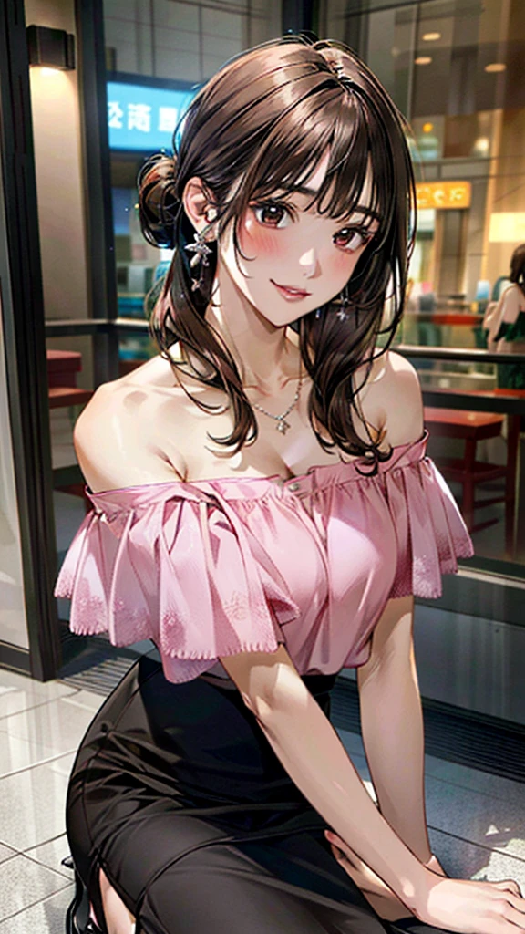 (masterpiece:1.3, Highest quality, Ultra-high resolution：1.2, Super detailed、8K), (Realistic, photoRealistic:1.4), Beautiful illustrations, Perfect lighting, colorful, Depth of written boundary, Beautiful detailed hair, Beautifully detailed face, Beautiful fine details, Droopy eyes、Beautiful clavicle, Beautiful body, 美しいLarge Breasts, Beautiful thighs, Beautiful feet, Beautiful fingers, View Viewer、Front view:0.6, Beauty1人, Japanese, Beauty、30 years old, Perfect Face, (Perfect Anatomy, Anatomically correct), Cute and symmetrical face, Baby Face, , Shiny skin,(Pink off-shoulder blouse:1.4), ((skirt、デニムskirt:1.5))  、(pumps:1.3)、(Dark brown hair, Updo Hair:1.4), braided bangs、Dark brown eyes, (Large Breasts, Slim body), necklace, Small earrings:1.1, (Beautiful views), (noon),  Shopping mall、Are standing、 A soft smile、(Smile, Lips parted),