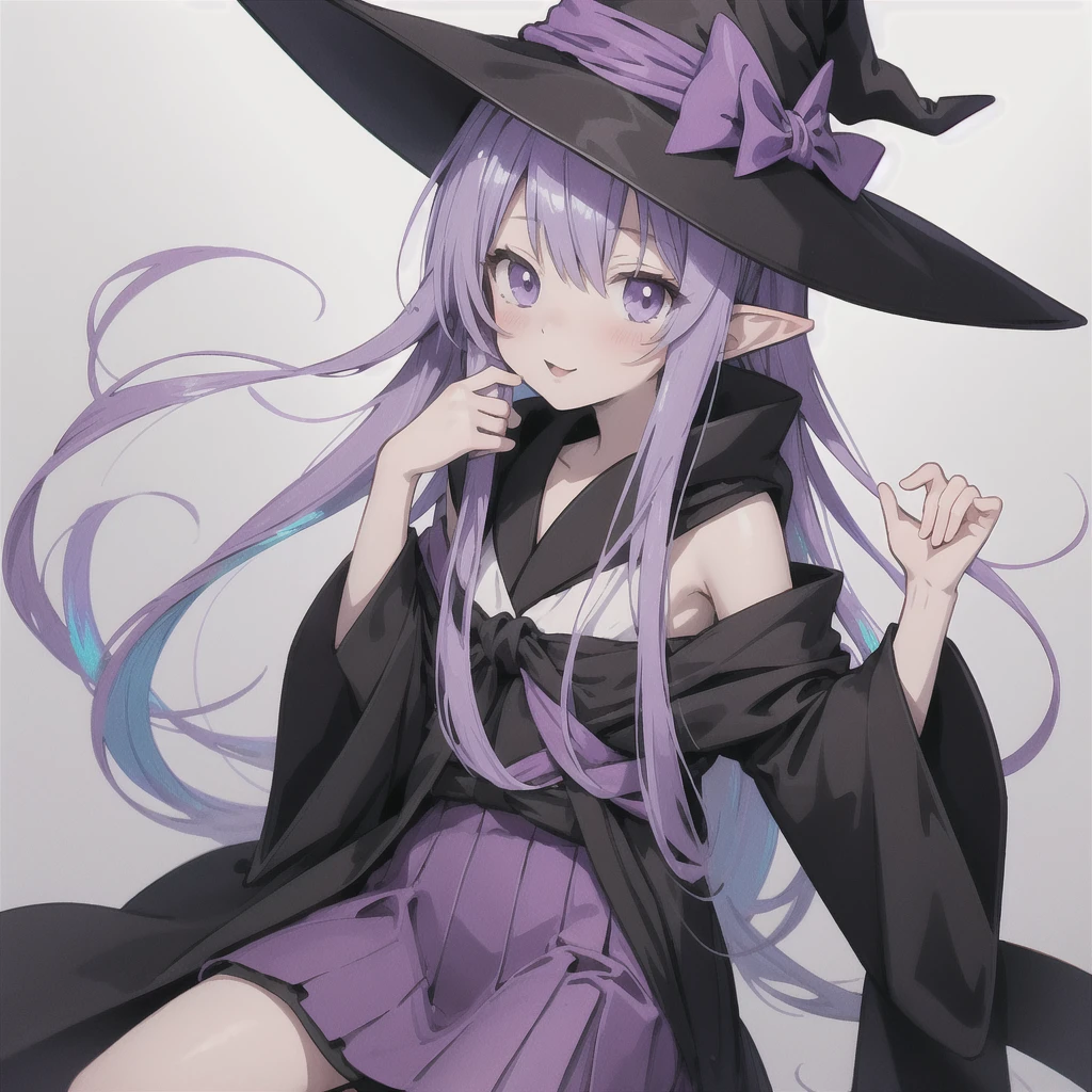 anime girl long purple hair wearing a black Robe. she has pointy ears. Witch Hat. Manga kawaii. iridescent ,An illustration, 0ne person