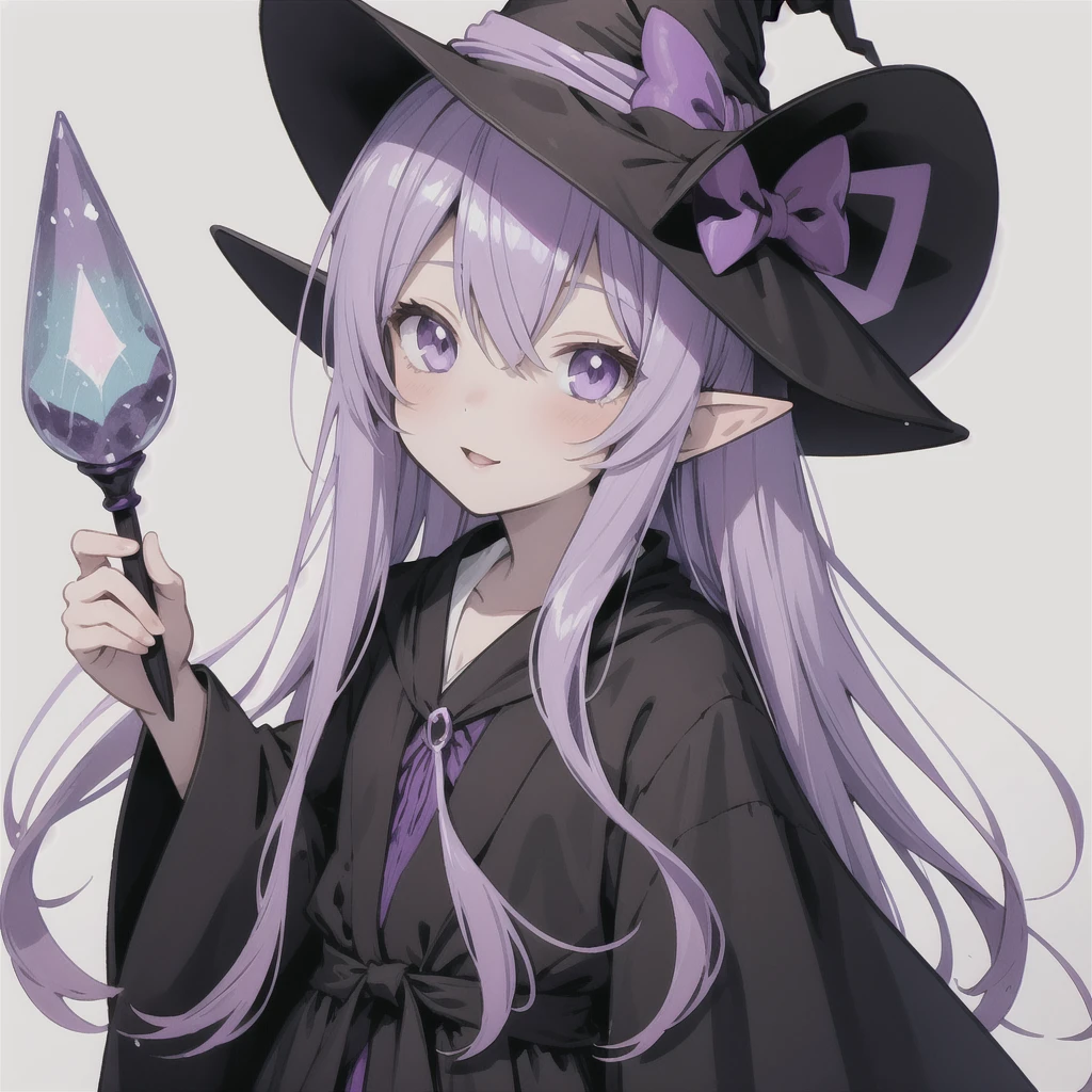 anime girl long purple hair wearing a black Robe. she has pointy ears. Witch Hat. Manga kawaii. iridescent ,An illustration, 0ne person