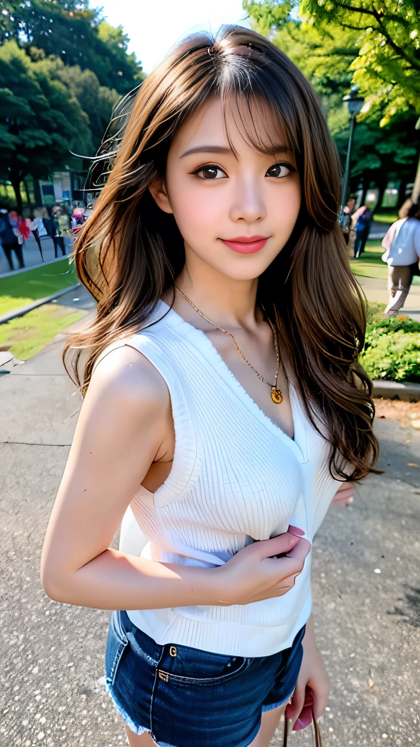 seed:4195271995,((Full Body Angle:1.1)),((Highest quality, 8K, masterpiece: 1.3)), concentrated: 1.2,Front hair:1.3, Cute girl 1,Nipples erect、 Perfect beauty: 1.4,Colorful ribbed knit half-zip T-shirt、Shorts,: 1.2,Randall Color、comics&Text Graphics、Black,1.1, Highly detailed face and skin textures, Fine grain, double eyelid, whitening skin, ,Highest quality,Ultra-high resolution,you,1 girl,alone,_Shiny_skin,Iris,necklace,((brown_length_Wavy_hair)),(lips)),eyelash,Front hair,deal with,compensate,Shiny,pore,skin big breasts、smiling face、Front hair、Walking in the park、walk