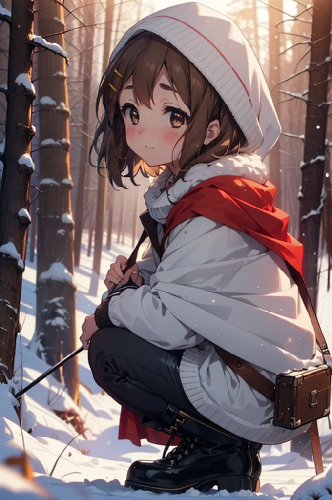 yuihirasawa, Yui Hirasawa, short hair, Brown Hair, hair ornaments, (Brown eyes:1.5), Hair Clip、smile,smile,blush,White Breath,
Open your mouth,snow,Ground bonfire,, Outdoor, boots, snowing, From the side, wood, suitcase, Cape, Blurred, , forest, White handbag, nature, Squat, Mouth closed, Cape, winter, Written boundary depth, Black shoes, red Cape break looking at viewer, Upper Body, whole body, break Outdoor, forest, nature, break (masterpiece:1.2), Highest quality, High resolution, unity 8k wallpaper, (shape:0.8), (Beautiful and beautiful eyes:1.6), Highly detailed face, Perfect lighting, Highly detailed CG, (Perfect hands, Perfect Anatomy),