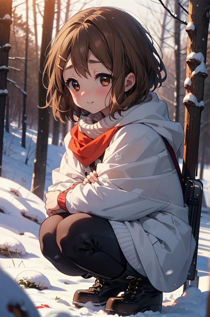 yuihirasawa, Yui Hirasawa, short hair, Brown Hair, hair ornaments, (Brown eyes:1.5), Hair Clip、smile,smile,blush,White Breath,
Open your mouth,snow,Ground bonfire,, Outdoor, boots, snowing, From the side, wood, suitcase, Cape, Blurred, , forest, White handbag, nature,  Squat, Mouth closed, Cape, winter, Written boundary depth, Black shoes, red Cape break looking at viewer, Upper Body, whole body, break Outdoor, forest, nature, break (masterpiece:1.2), Highest quality, High resolution, unity 8k wallpaper, (shape:0.8), (Beautiful and beautiful eyes:1.6), Highly detailed face, Perfect lighting, Highly detailed CG, (Perfect hands, Perfect Anatomy),