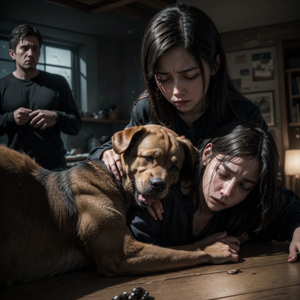 sad family crying over his dead dog, deep color, realistic, wide screen, intricate detail, splash screen, complementary colors, realistic concept art, Unreal Engine 5 volumetric lighting", dynamic lighting hyperdetailed