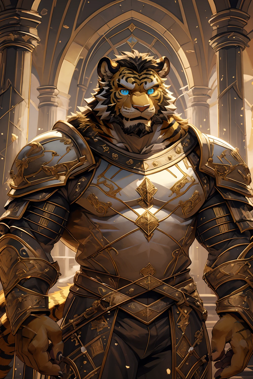 (Scarred body),(Medieval armor:1.5),king,16k high quality detailed art,(Medieval armor:1),(Golden Tiger:1.1), (((White and golden fur:1.5))),(Duotone),(A pair of eyes of different colors, One eye has a golden eye,The other eye has a blue eye:1.7),Both eyes are the same size:1.4),(Muscular body:1.3),Handsome,(OK),(Perfect face),(Exhausted:1.1),(Gold and white skin:1.3),(Full body description:1.3),Publaz, (Golden Tiger:1.1), (((Gold and white fur:1.3))),Handsome, (OK),Express,(Royal Palace Background),(Frightened expressions:1.3),(Golden Tiger tail),不同的Express,(A perfect masterpiece),(32k),(Abdominal muscles:1.3),(((middle aged:1.4))),(36 years old),(Gold Stripes),alone,(Black sideburns:1.2),(black beard:1.3),(Black Chin:1.3),(golden face pattern:1),(Very rich facial details:1.3),(Strong),(Mighty pose:1.3),Front view,(CG),(HD),(Black hair),Clothes are messy,Full body portrait,(Detailed background:1.3)