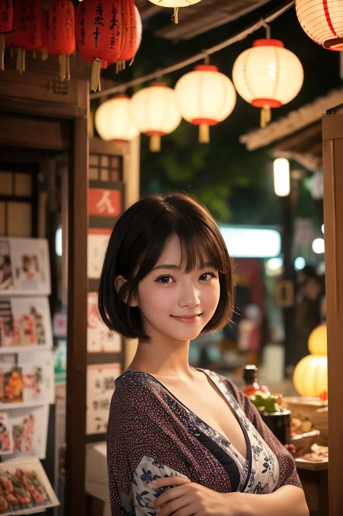 (1 Girl )、(Beautiful Japanese、18years old,round face、Refreshing、clear、seems kind、stylish、Pitiful、cute like an angel、cute、black eyes、,actress,Almond-shaped eyes,Translucent white skin、Beautiful skin), Japan human face , (((Beautiful breasts:0.4))),(((soft breasts))),(very cute),(Black hair),(short cut hair),(enchanting eyes),(highlight on eyes:1.2)、(8K、Live shooting、highest quality、masterpiece:1.2、optimal lighting)、((masterpiece)),(Photo taken by a professional photographer),(real、photo real:1.4),BREAK,{ (Beautiful Japanese patterns),(traditional yukata)},(cheeks are red:1.3), BREAK, BREAK,Face shot:1.3、 face close-up,Looking at viewer、,Smile,,Japanese countryside shrine,night:1.4、Japanese countryside,、lantern、Japanese Festivals、A stall selling Japanese food、dynamic angle