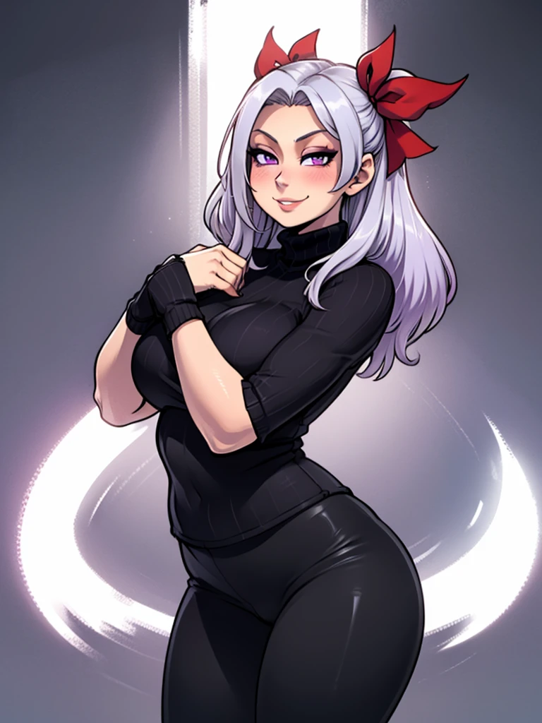 high_aesthetic,art by Lazorchef, ((Masterpiece, best quality, perfect lighting, amazing shading)), perfect anatomy, field of depth, extremely beautiful, long silver hair, hair ribbons, purple eyes, long red turtleneck sweater, black leggings, cute smile, blushing, (cowboy shot), (elegant pose), simple background