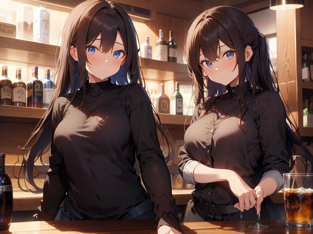 medium shot,middle aged woman,fit,long hair,brown hair,blue eyes,Dressed in a black suit,standing behind the bar,Bar owner,Beautiful lighting.,Put your hands on the counter.,detailed