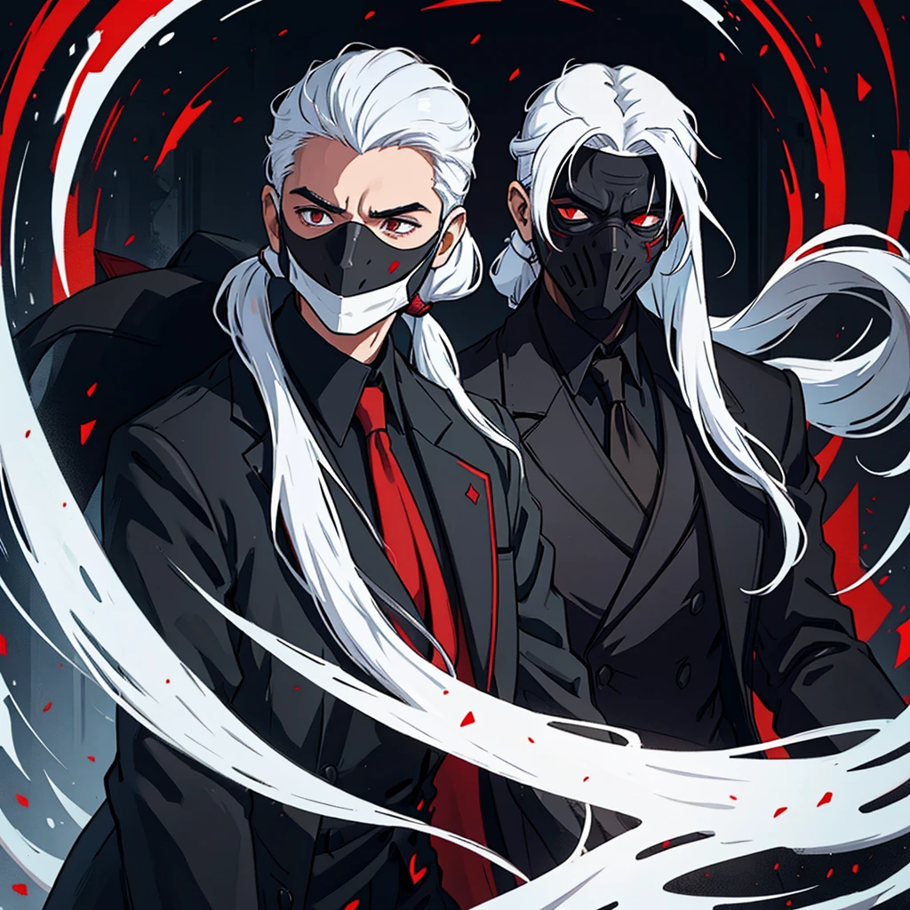 ung man with white hair with long ponytail wearing a black suit with red interior using a all Black mask covering all the face An art for an RPG