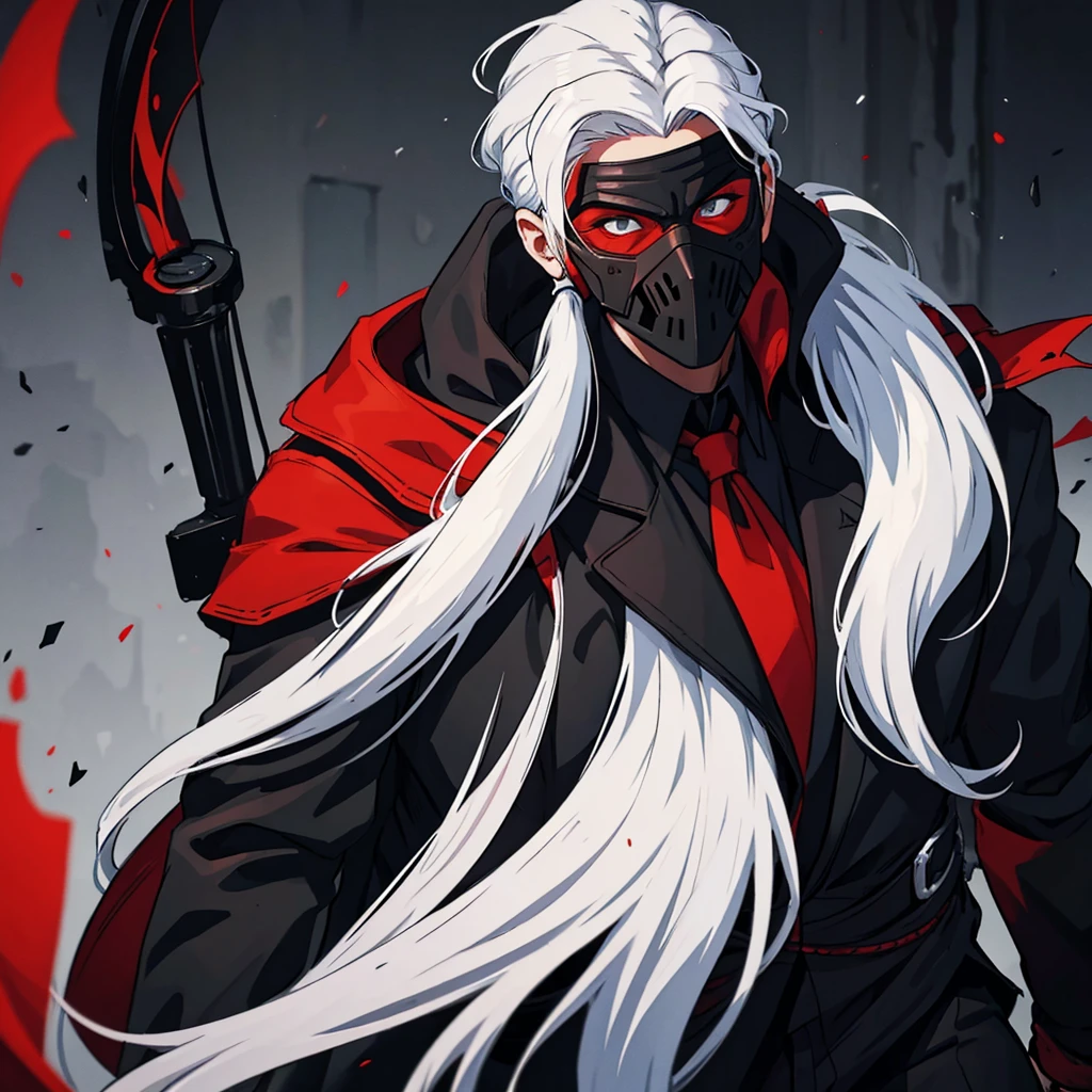 1 young man with white hair with long ponytail wearing a black suit with red interior using a all Black mask covering all the face An art for an RPG
