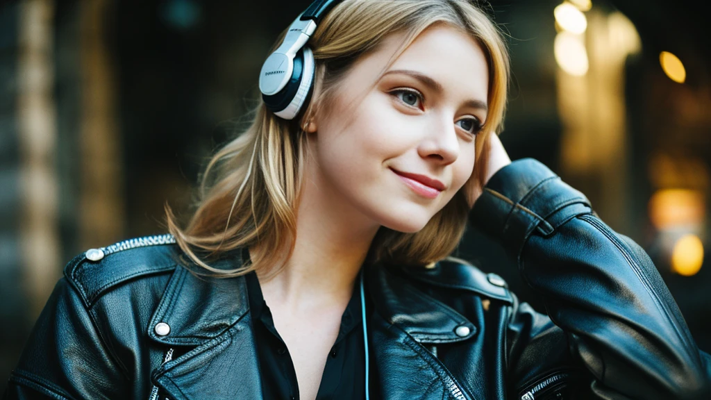 Beautiful blonde with big breasts in a biker jacket (Resting in the dark ruins),Wearing headphones,Very detailed, 21 years old, Innocent face, Naturally Wavy Hair, blue eyes, High resolution, masterpiece, Highest quality, Intricate details, Very detailed, Clear focus, Delicate skin, practical skin texture, texture, Delicate eyes, Professional, 4K, Cute Smile, Shot with Canon, 85mm, Shallow and deep,  Kodak Vision Color, Exactly, Very detailed, photograph_\(Extremist\), photographpractical, practical, Post-processing, Maximum details, Roughness, Real Life, Extremist practical, Photorealism, photographgraphy, 8K Ultra HD, photographgraphy