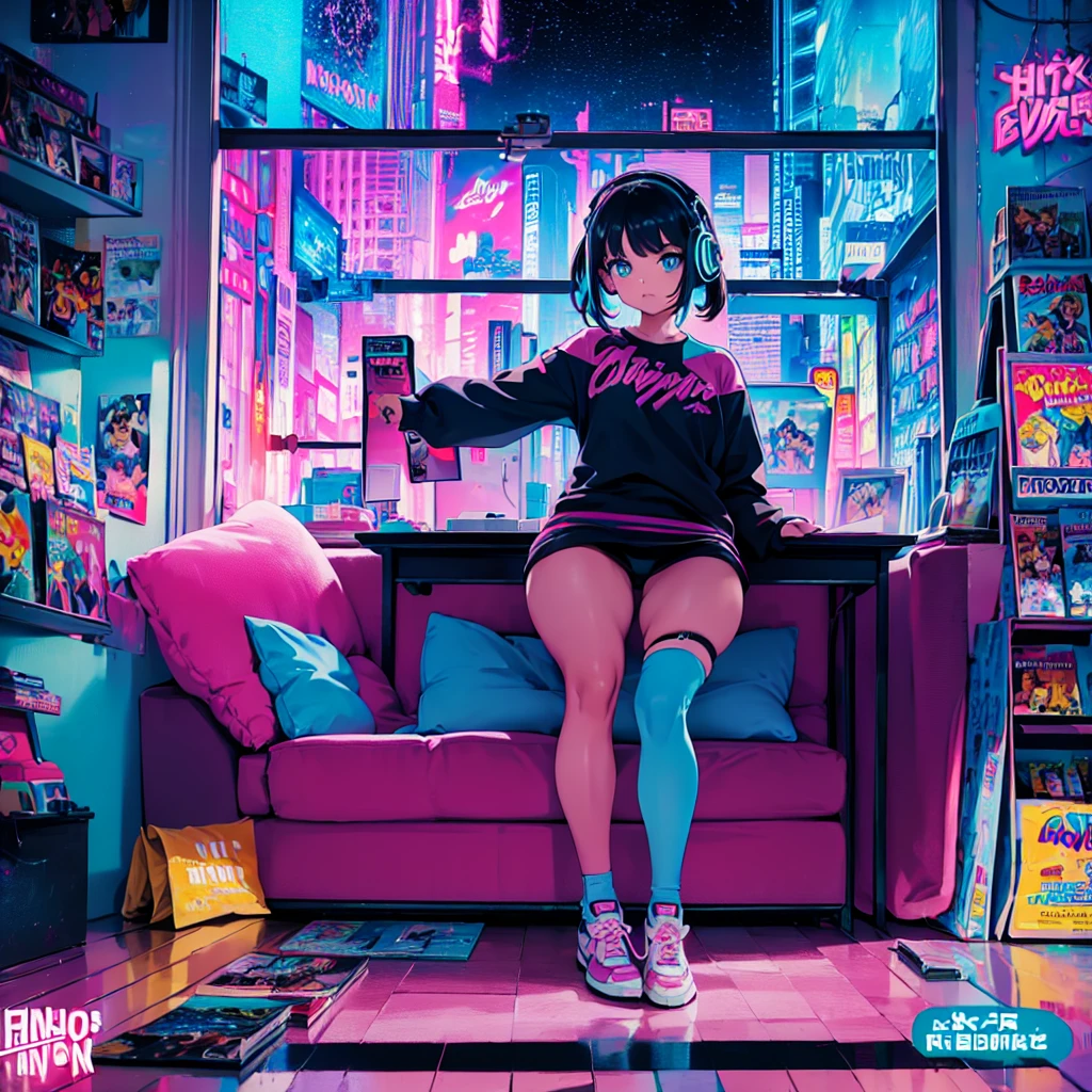 (masterpiece), Highest quality, Expressive eyes, Neon pastel aesthetics, Retro 90s, Neon color,((Girl sitting on sofa,In a cozy room,Records hanging on her wall, Comic books on the floor, Looking out the window behind her at the night city, Upholstered room, Anime figures lined up on a shelf)), Wearing headphones, (All around her it sparkles), (wearing thick colorful sneakers), (blue eyes), (Soft look), (Synthwave Art Style), Colorful Hair, Desk with PC set up