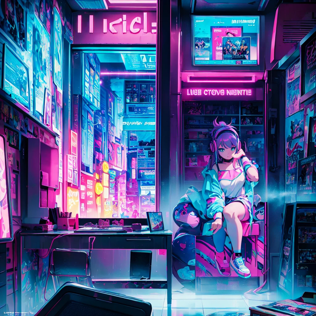 (masterpiece), Highest quality, Expressive eyes, Neon pastel aesthetics, Retro 90s, Neon color,((Girl sitting on sofa,In a cozy room,Records hanging on her wall, Comic books on the floor, Looking out the window behind her at the night city, Upholstered room, Anime figures lined up on a shelf)), Wearing headphones, (All around her it sparkles), (wearing thick colorful sneakers), (blue eyes), (Soft look), (Synthwave Art Style), Colorful Hair, Desk with PC set up