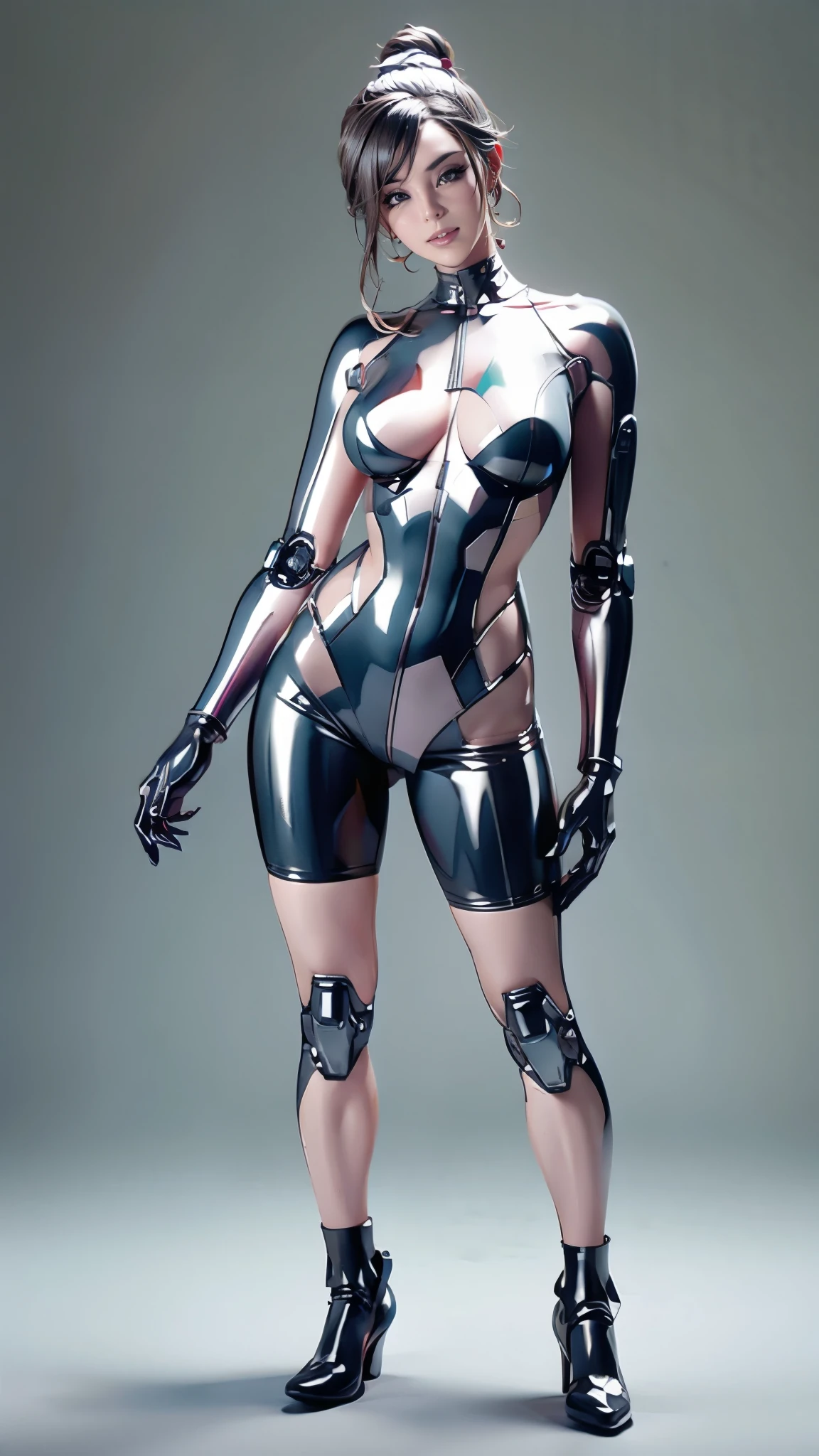 (masterpiece:1.2, Highest quality),(Very detailed),8K,wallpaper,1 female,Mature Woman Plastic Model,((Ultra High Leg Metal Suit)),((Robot Lab)),Isometric 3D diorama,Matte Paint,((Displayed in the case))