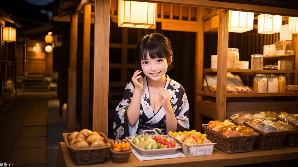 (1 Girl )、(Beautiful Japanese、18years old,round face、Refreshing、clear、seems kind、stylish、Pitiful、cute like an angel、cute、black eyes、,actress,Almond-shaped eyes,Translucent white skin、Beautiful skin), Japan human face , (((Beautiful breasts:0.4))),(((soft breasts))),(very cute),(Black hair),(short cut hair),(enchanting eyes),(highlight on eyes:1.2)、(8K、Live shooting、highest quality、masterpiece:1.2、optimal lighting)、((masterpiece)),(Photo taken by a professional photographer),(real、photo real:1.4),BREAK,{ (Beautiful Japanese patterns),(traditional yukata)},(cheeks are red:1.3), BREAK, BREAK,Face shot:1.3、 face close-up,Looking at viewer、,Smile,,Japanese countryside shrine,night:1.4、Japanese countryside,、lantern、Japanese Festivals、A stall selling Japanese food、dynamic angle