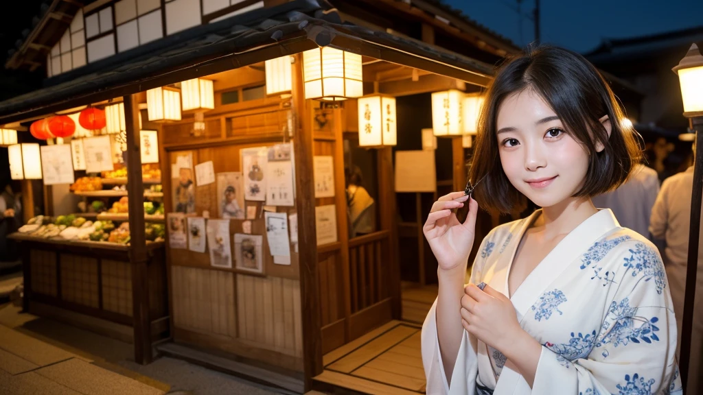 (1 Girl )、(Beautiful Japanese、18years old,round face、Refreshing、clear、seems kind、stylish、Pitiful、cute like an angel、cute、black eyes、,actress,Almond-shaped eyes,Translucent white skin、Beautiful skin), Japan human face , (((Beautiful :0.4))),(((soft breastsry cute),(Black hair),(short cut hair),(enchanting eyes),(highlight on eyes:1.2)、(8K、Live shooting、highest quality、masterpiece:1.2、optimal lighting)、((masterpiece)),(Photo taken by a professional photographer),(real、photo real:1.4),BREAK,{ (Beautiful Japanese patterns),(traditional yukata)},(cheeks are red:1.3), BREAK, BREAK,Face shot:1.3、 face close-up,Looking at viewer、,Smile,,Japanese countryside shrine,night:1.4、Japanese countryside,、lantern、Japanese Festivals、A stall selling Japanese food、dynamic angle