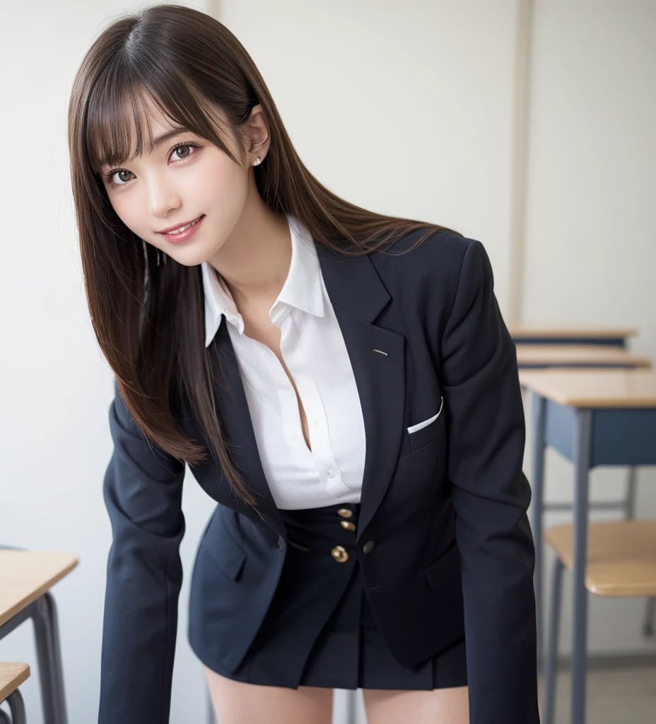 masutepiece, Best Quality, Illustration, Ultra-detailed, finely detail, hight resolution, 8K Wallpaper, Perfect dynamic composition, Beautiful detailed eyes, ,Medium Hair, Big breasts, Natural Color Lip, Random and sexy poses,Smile、20 years girl、　After-school classroom、　high school giller suit、a miniskirt、Loose socks、