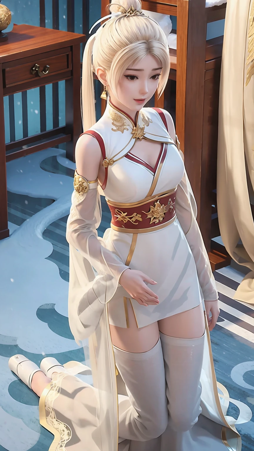 (((masterpiece))),((Top quality)),A beautiful Japanese girl,pale, (Snow personification character: 1.5), (Snowflakes 1.5)、(((All white:1.5)))、(belly button)、(Pure white lace see-through dress:1.5),(plainclothes), (Skin exposure),(Background is snow 1.5).(((From the front:1.5)))、(Straight: 1.5)、(((kneel:1.5)))