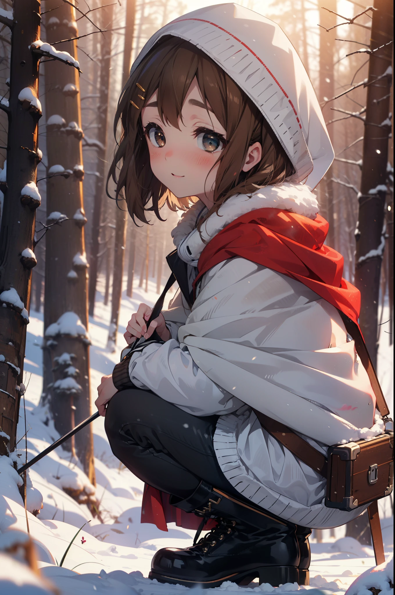 yuihirasawa, Yui Hirasawa, short hair, Brown Hair, hair ornaments, (Brown eyes:1.5), Hair Clip、smile,smile,blush,White Breath,
Open your mouth,snow,Ground bonfire,, Outdoor, boots, snowing, From the side, wood, suitcase, Cape, Blurred, , forest, White handbag, nature, Squat, Mouth closed, Cape, winter, Written boundary depth, Black shoes, red Cape break looking at viewer, Upper Body, whole body, break Outdoor, forest, nature, break (masterpiece:1.2), Highest quality, High resolution, unity 8k wallpaper, (shape:0.8), (Beautiful and beautiful eyes:1.6), Highly detailed face, Perfect lighting, Highly detailed CG, (Perfect hands, Perfect Anatomy),